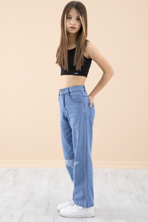 Mavi Yıldız Desenli Kız Çocuk Geniş Paça Jean Pantolon 20273