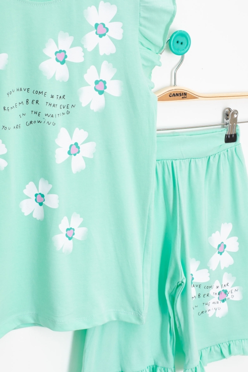 Mint Çiçek Desenli Fırfır Detaylı Kız Çocuk Şortlu Takım 20601