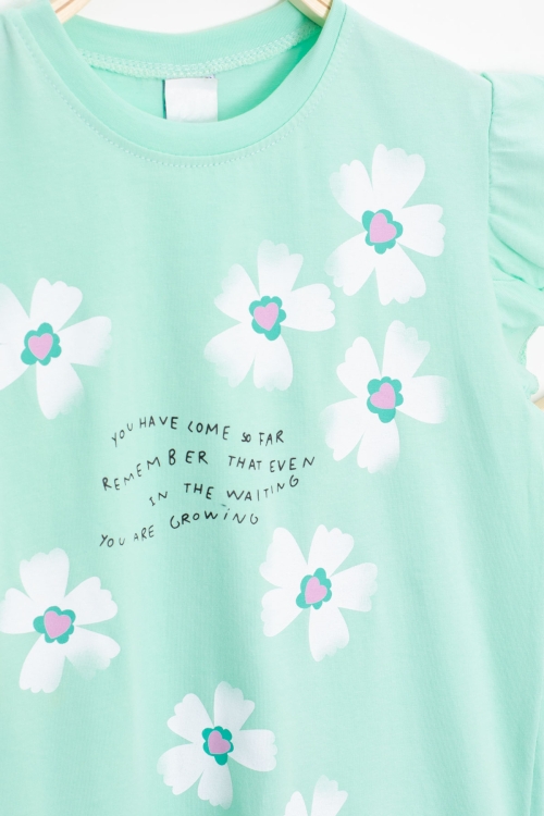 Mint Çiçek Desenli Fırfır Detaylı Kız Çocuk Şortlu Takım 20601