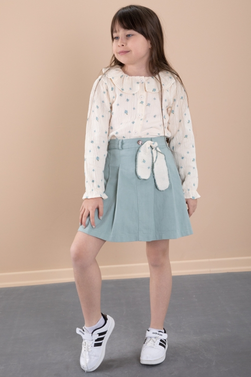 Mint Çiçek Desenli Müslin Badili Jean Etekli Kız Çocuk Takım 20425