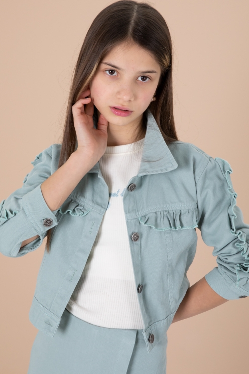 Mint Fırfır Detaylı Jean Ceketli Şort Etekli Kız Çocuk 3lü Takım 20173