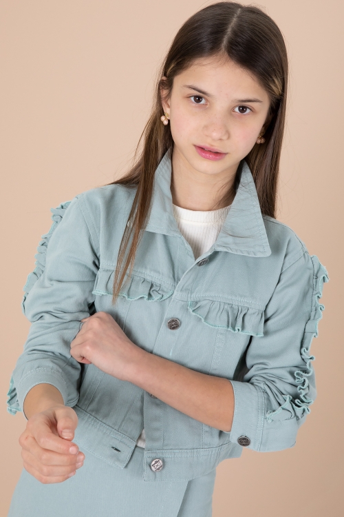 Mint Fırfır Detaylı Jean Ceketli Şort Etekli Kız Çocuk 3lü Takım 20173