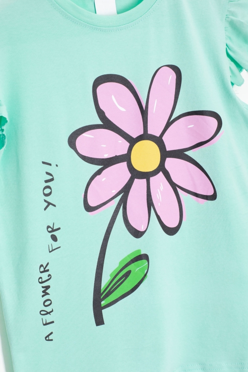 Mint Papatya Baskılı Fırfır Detaylı Kız Çocuk Şortlu 2li Takım 20605