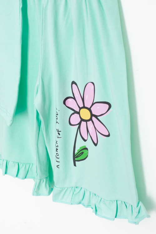 Mint Papatya Baskılı Fırfır Detaylı Kız Çocuk Şortlu 2li Takım 20605