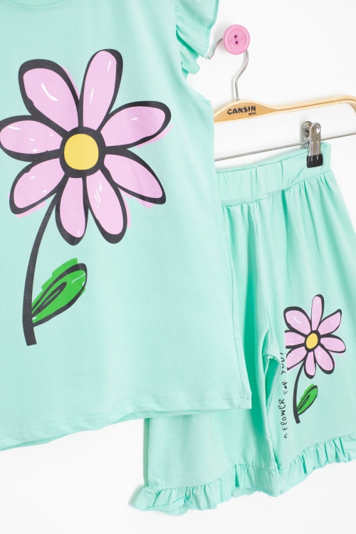 Mint Papatya Baskılı Fırfır Detaylı Kız Çocuk Şortlu 2li Takım 20605