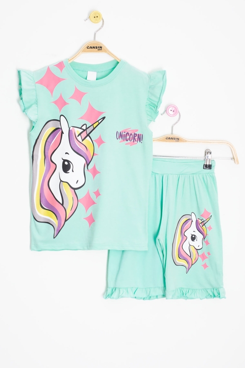Mint Unicorn Baskılı Kız Çocuk Şortlu 2li Takım 20612
