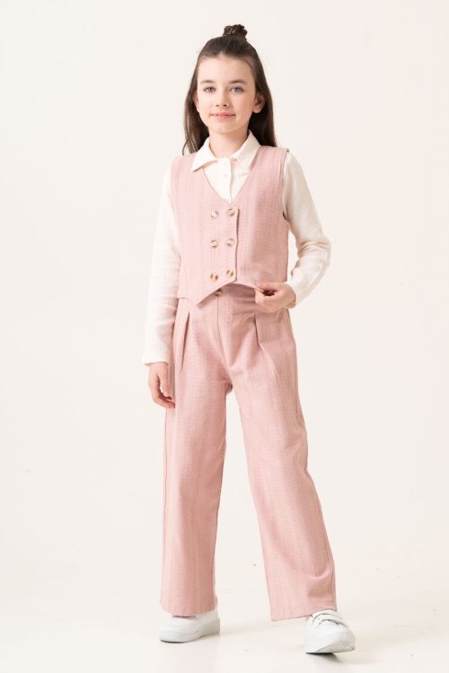 Pembe Armürlü Yelekli Düğmeli Gömlekli Kız Çocuk 3lü Takım 20531
