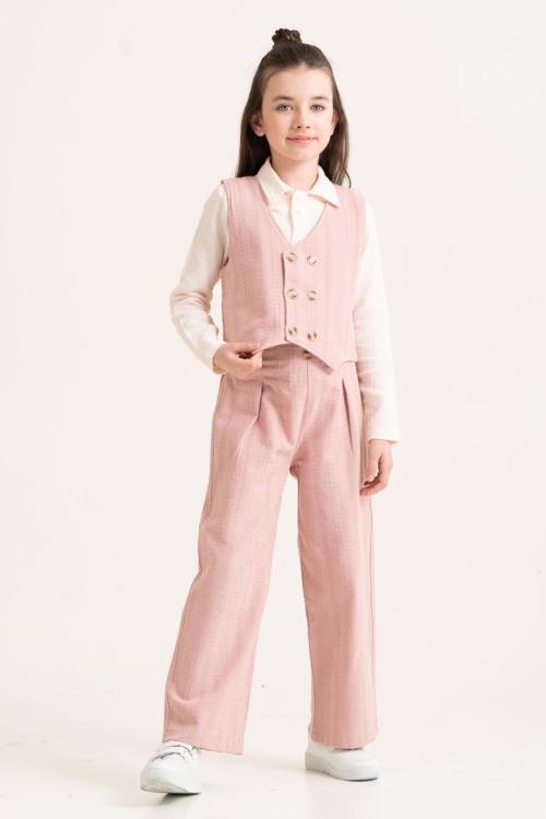 Pembe Armürlü Yelekli Düğmeli Gömlekli Kız Çocuk 3lü Takım 20531