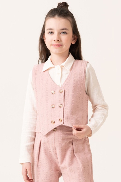 Pembe Armürlü Yelekli Düğmeli Gömlekli Kız Çocuk 3lü Takım 20531