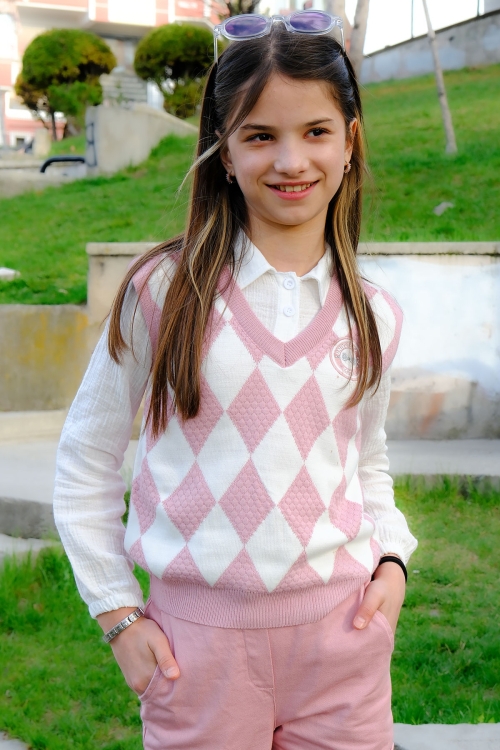 Pembe Baklava Desenli Süveterli Gömlekli Kız Çocuk 3lü Takım 20534