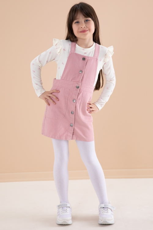 Pembe Çiçek Desenli Badili 2li Kız Çocuk Salopet Takım 20180