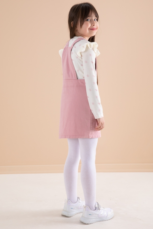 Pembe Çiçek Desenli Badili 2li Kız Çocuk Salopet Takım 20180