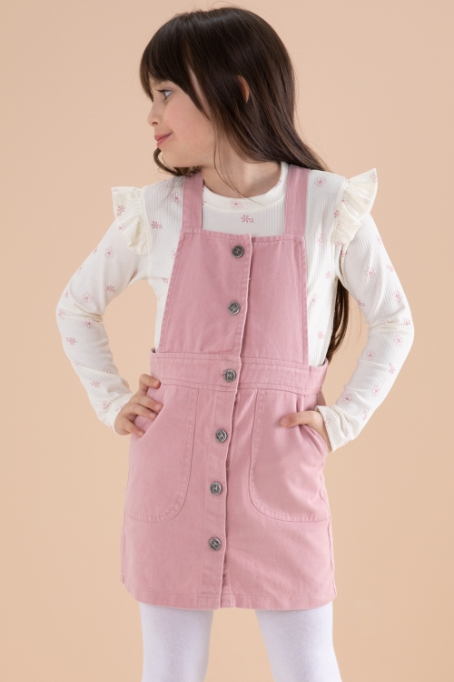 Pembe Çiçek Desenli Badili 2li Kız Çocuk Salopet Takım 20180