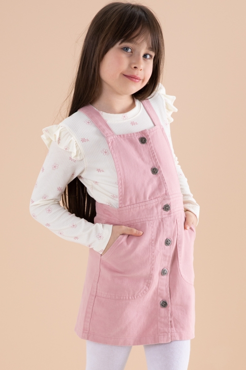 Pembe Çiçek Desenli Badili 2li Kız Çocuk Salopet Takım 20180