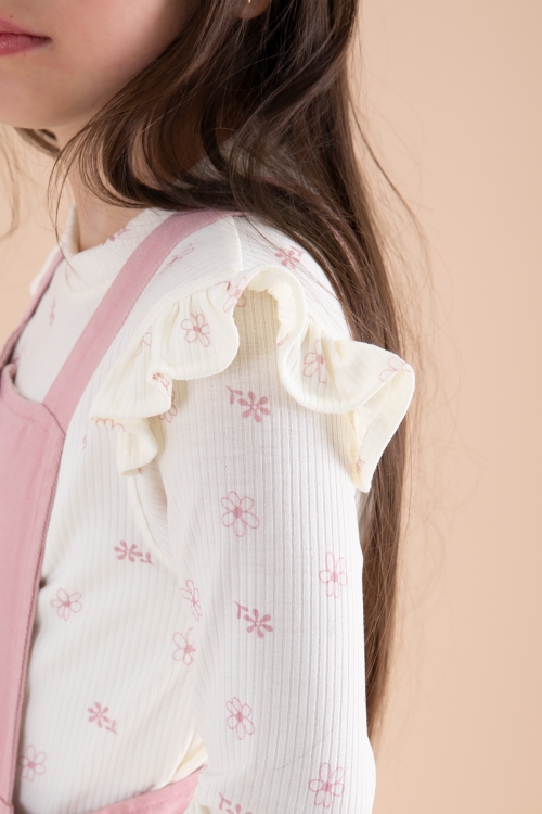 Pembe Çiçek Desenli Badili 2li Kız Çocuk Salopet Takım 20180