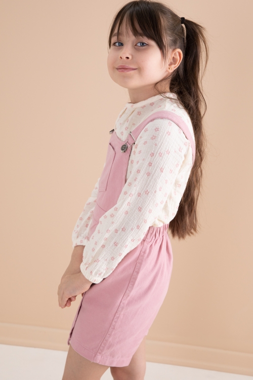 Pembe Çiçek Desenli Bluzlu Kız Çocuk Salopet Elbise Takımı 20165