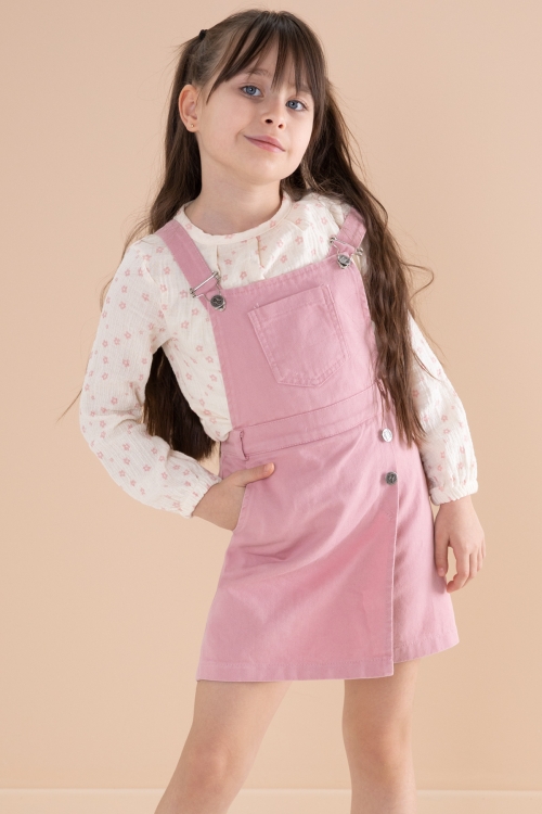 Pembe Çiçek Desenli Bluzlu Kız Çocuk Salopet Elbise Takımı 20165