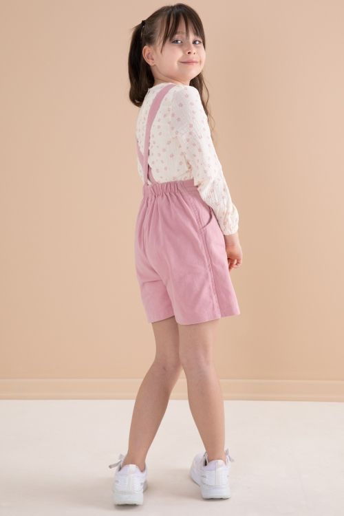 Pembe Çiçek Desenli Bluzlu Kız Çocuk Salopet Elbise Takımı 20165