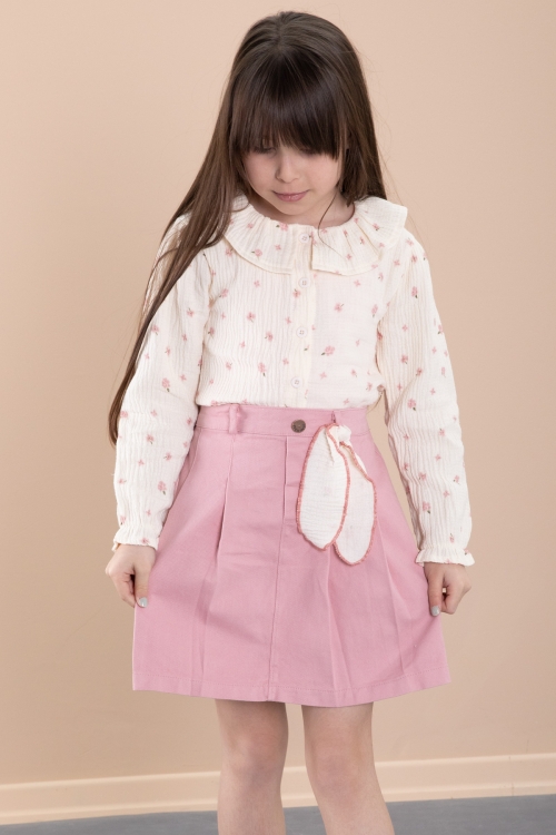 Pembe Çiçek Desenli Müslin Badili Jean Etekli Kız Çocuk Takım 20426