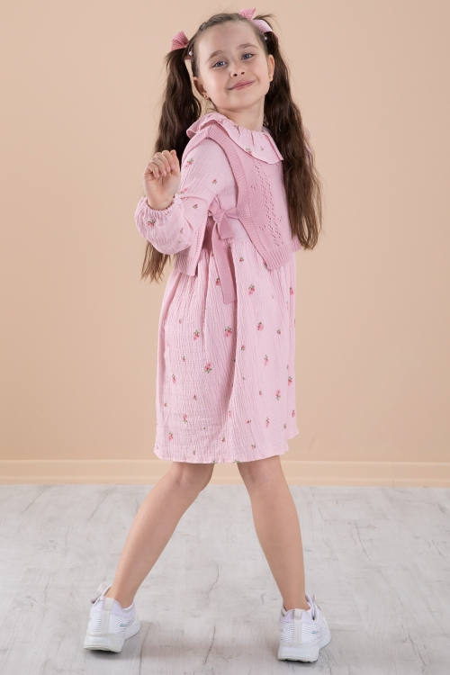 Pembe Çiçek Desenli Süveterli Kız Çocuk Elbise 20225