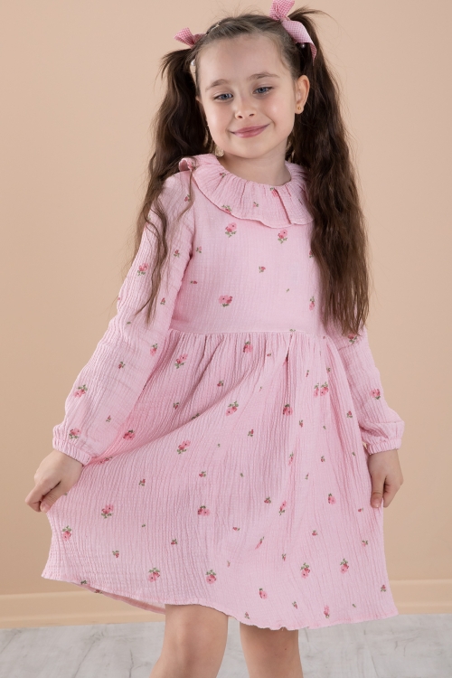 Pembe Çiçek Desenli Süveterli Kız Çocuk Elbise 20225