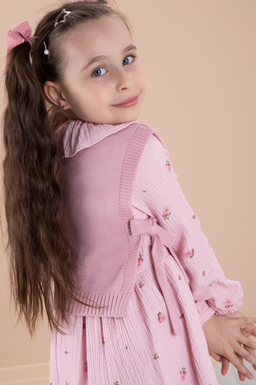 Pembe Çiçek Desenli Süveterli Kız Çocuk Elbise 20225