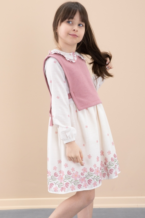 Pembe Çiçek Desenli Yandan Bağlamalı Süveterli Kız Çocuk Elbise 20486