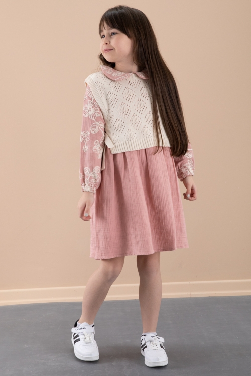 Pembe Çiçek İşlemeli Süveterli Kız Çocuk Müslin Elbise 20481