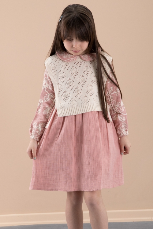 Pembe Çiçek İşlemeli Süveterli Kız Çocuk Müslin Elbise 20481