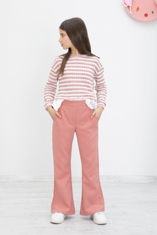 Pembe Çizgili Bluzlu İspanyol Paça Pantolonlu Kız Çocuk 2li Takım 19987