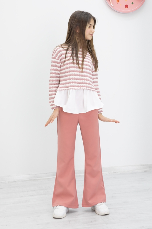 Pembe Çizgili Bluzlu İspanyol Paça Pantolonlu Kız Çocuk 2li Takım 19987