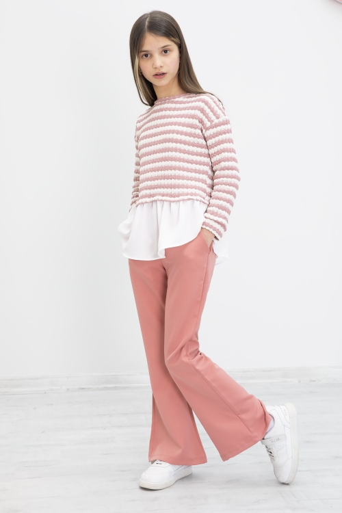 Pembe Çizgili Bluzlu İspanyol Paça Pantolonlu Kız Çocuk 2li Takım 19987