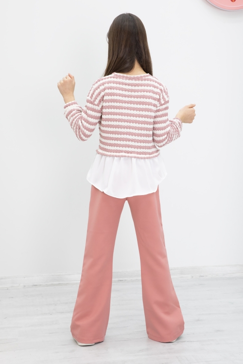 Pembe Çizgili Bluzlu İspanyol Paça Pantolonlu Kız Çocuk 2li Takım 19987