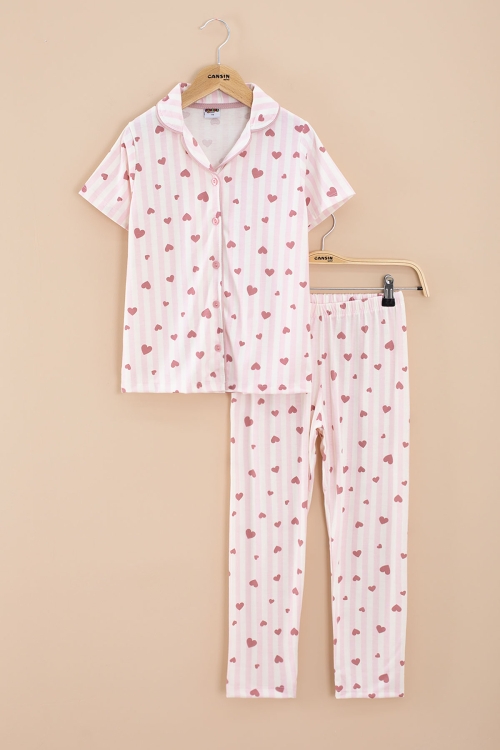 Pembe Çizgili Kalp Desenli Göz Bantlı Kız Çocuk Kısa Kol Pijama Takımı 20567