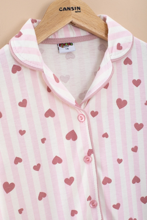 Pembe Çizgili Kalp Desenli Göz Bantlı Kız Çocuk Kısa Kol Pijama Takımı 20567