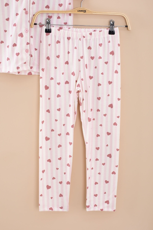 Pembe Çizgili Kalp Desenli Göz Bantlı Kız Çocuk Kısa Kol Pijama Takımı 20567