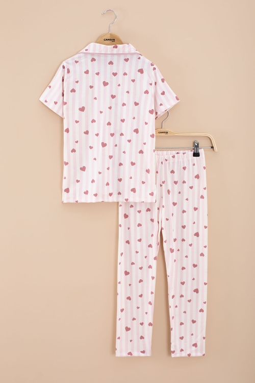 Pembe Çizgili Kalp Desenli Göz Bantlı Kız Çocuk Kısa Kol Pijama Takımı 20567