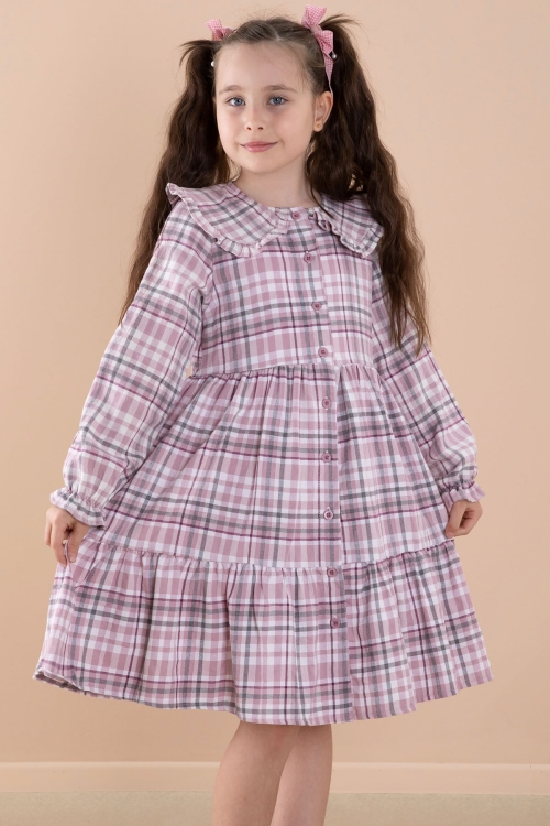 Pembe Ekose Desenli Düğme Kapamalı Uzun Kol Kız Çocuk Elbise 20168