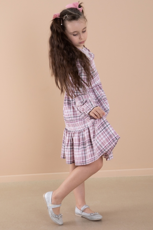 Pembe Ekose Desenli Düğme Kapamalı Uzun Kol Kız Çocuk Elbise 20168