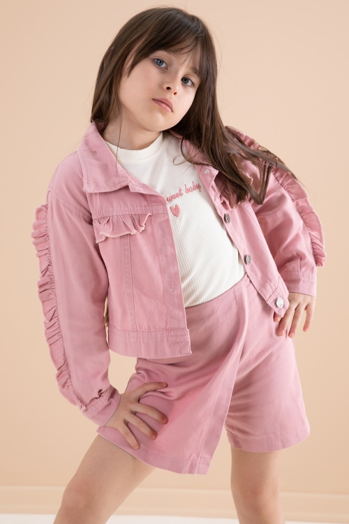 Pembe Fırfır Detaylı Jean Ceketli Şort Etekli Kız Çocuk 3lü Takım 20170