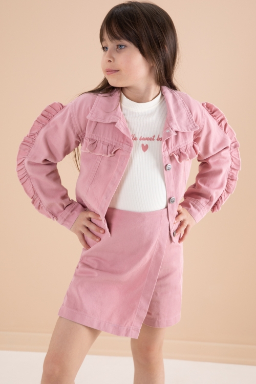 Pembe Fırfır Detaylı Jean Ceketli Şort Etekli Kız Çocuk 3lü Takım 20170