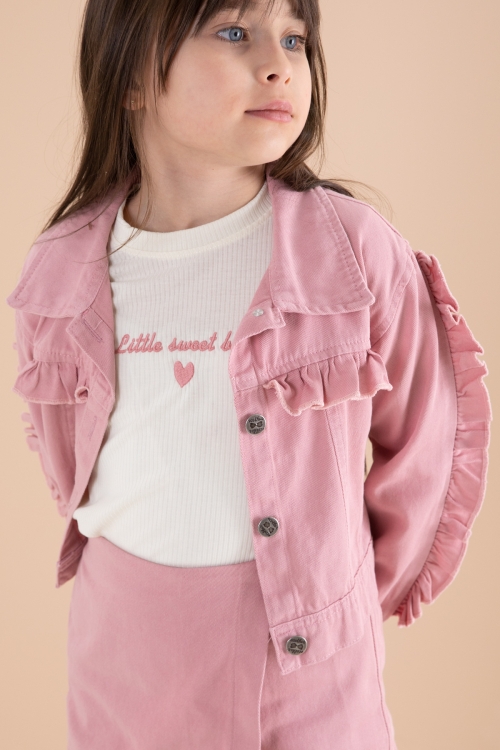 Pembe Fırfır Detaylı Jean Ceketli Şort Etekli Kız Çocuk 3lü Takım 20170