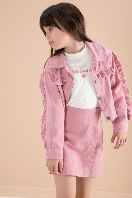 Pembe Fırfır Detaylı Jean Ceketli Şort Etekli Kız Çocuk 3lü Takım 20170