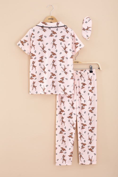 Pembe Geyik Desenli Kısa Kol Kız Çocuk Göz Bantlı Pijama Takımı 20568