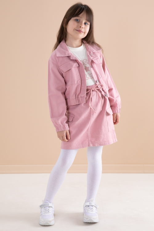 Pembe Göğüs Cepli Jean Ceketli Etekli Kız Çocuk 3lü Takım