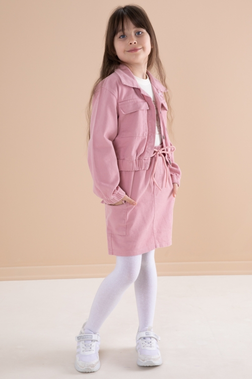 Pembe Göğüs Cepli Jean Ceketli Etekli Kız Çocuk 3lü Takım