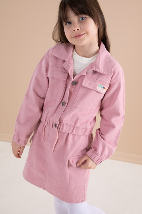 Pembe Göğüs Cepli Jean Ceketli Etekli Kız Çocuk 3lü Takım