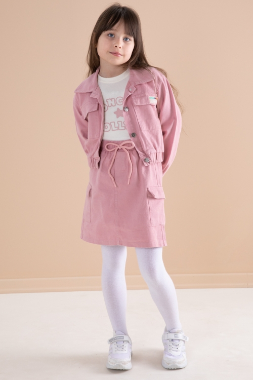 Pembe Göğüs Cepli Jean Ceketli Etekli Kız Çocuk 3lü Takım