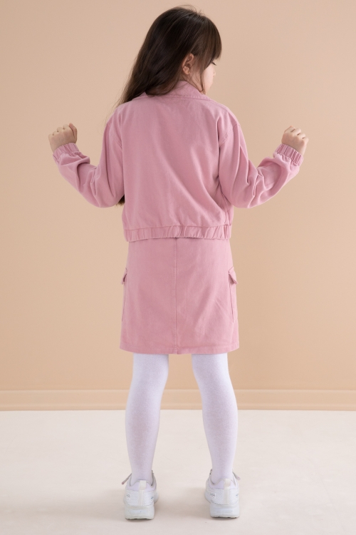 Pembe Göğüs Cepli Jean Ceketli Etekli Kız Çocuk 3lü Takım