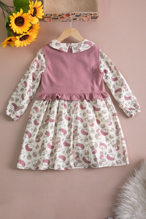 Pembe Kirpi Desenli Süveterli Kız Çocuk Elbise 20222